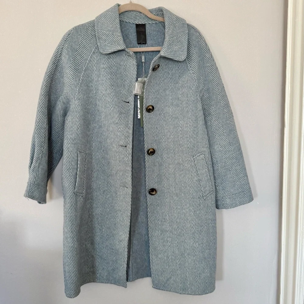 NWT Classic Women's Blue Gray Herringbone Trench Wool Coat Size M - Picture 2 of 15